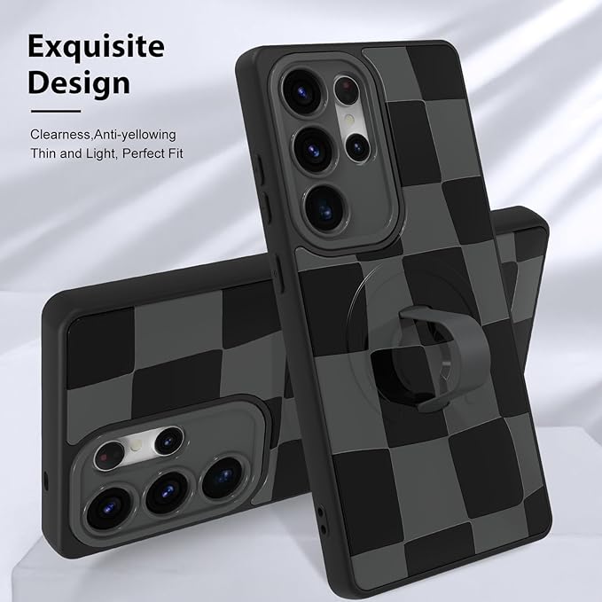 KANGHAR Compatible with Samsung Galaxy S25 Ultra Case, Support for MagSafe, Silicone Checkered Cute Pattern, Wristband Kickstand Camera Protection Soft Slim Cover for Girls Women -Black