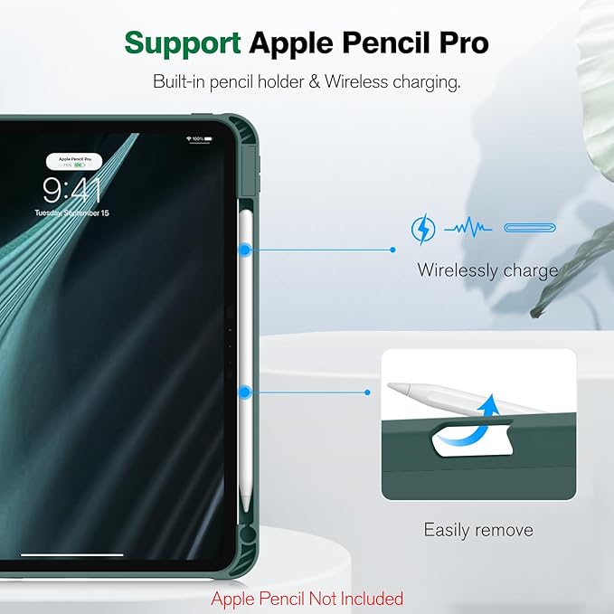 Fintie SlimShell Case for iPad Pro 11-inch (M5) 2025 / (M4) 2024 - [Built-in Pencil Holder] Soft Flexible TPU Protective Stand Back Cover, Midnight Green