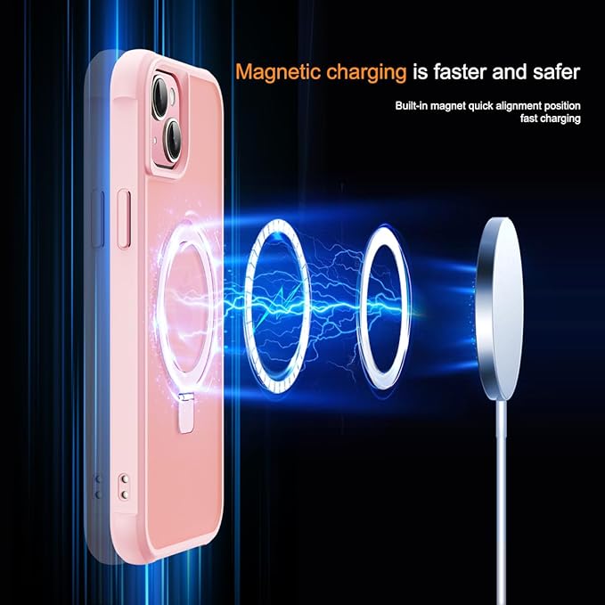 SKYLMW Compatible with iPhone 13 Case & iPhone 14 Case with Invisible Magnetic O-Ring Stand Translucent Phone Cases for 13 & 14 6.1" [Compatible with Mag-Safe][Great Grip Feeling], Pink