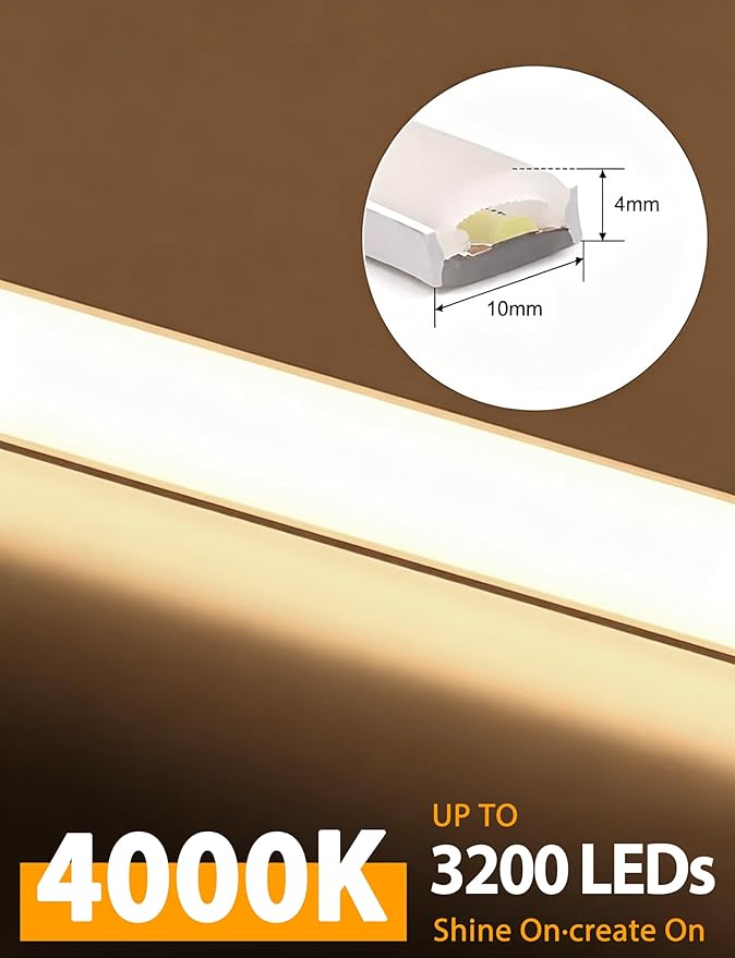 Lamomo COB LED Strip Lights, 32.8Ft Natural White Dimmable Self-Adhesive Led Rope Light with Remote, Flexible Cuttable Waterproof 4000K Silicone Neon Tape Light for Bedroom,Indoor, Cabinet, 10mm Width