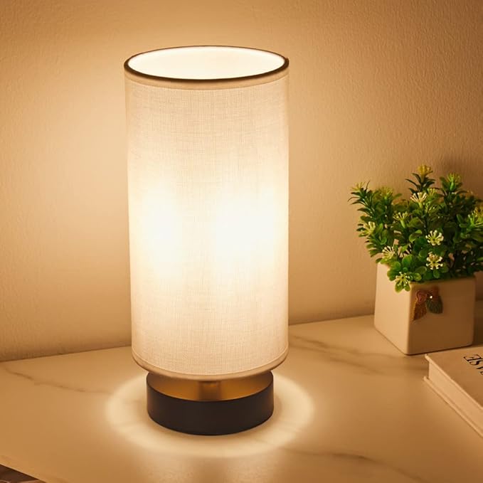 Table Lamp, Bedside Nightstand Lamp, Simple Desk Lamp, Cylinder Table Lamp for Bedroom Living Room Office Study, White Shade and Black Base (White)