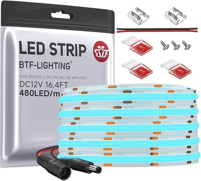 BTF-LIGHTING FCOB COB LED Strip Ice Blue Color 480LEDs/m 16.4FT DC12V Flexible High Density Uniform Light 8mm Width Bright Dimmable for Home Indoor Decor(No Adapter or Controller)