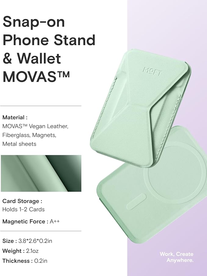 MOFT Magnetic Wallet Stand Compatible with iPhone 17/16/15/14/13/12 Series, Angle Adjustment & Magsafe Compatible MOVAS Phone Stand,Peppermint