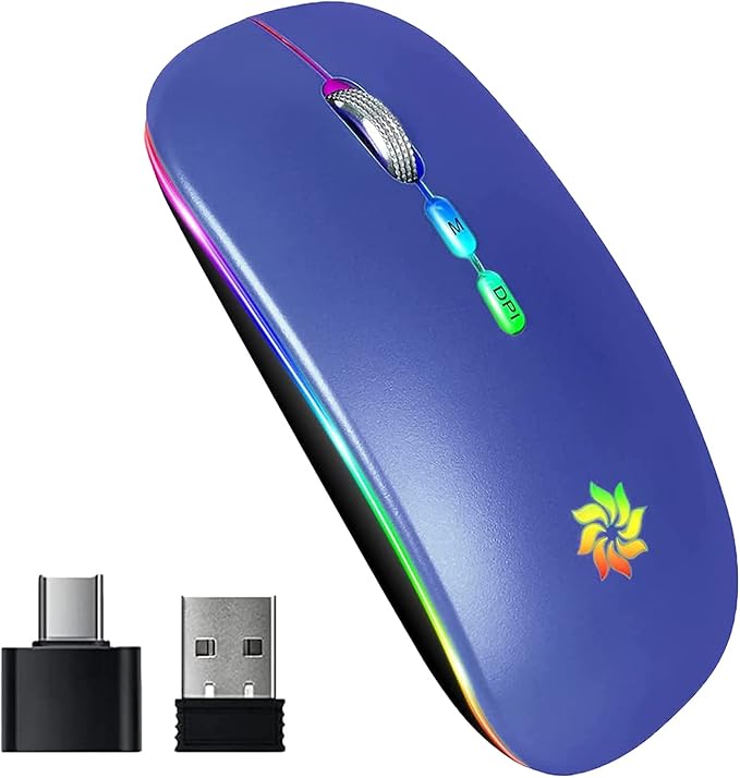 KBCASE Wireless Mouse, LED Wireless Mouse for Laptop, Slim Silent Mouse 2.4G Rechargeable Wireless Computer Mouse for Laptop, MacBook, iPad, Chromebook, with USB & Type-c Receiver