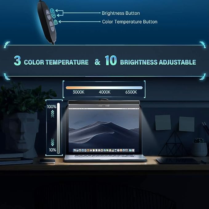 CATPOWER Portable Laptop Monitor Light Bar with USB Connection, e-Reading LED Task Lamp, 3 Color Temperature Settings, 10 Levels of Brightness Adjustment, No Glare on the Screen, Saves Space