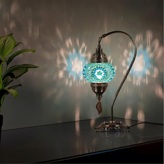 DEMMEX Turkish Moroccan Mosaic Table Lamp – Handcrafted Tiffany-Style Colorful Glass Swan Neck Bedside, Desk, Table Light, Boho Artisan Accent Lighting for Bedroom or Living Room – 15" H, Turquoise