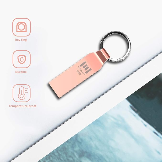 MOSDART Waterproof 64GB USB2.0 Flash Drive, exFAT Metal Memory Stick with Keychain, for System Back, Data Storage, Rose Gold