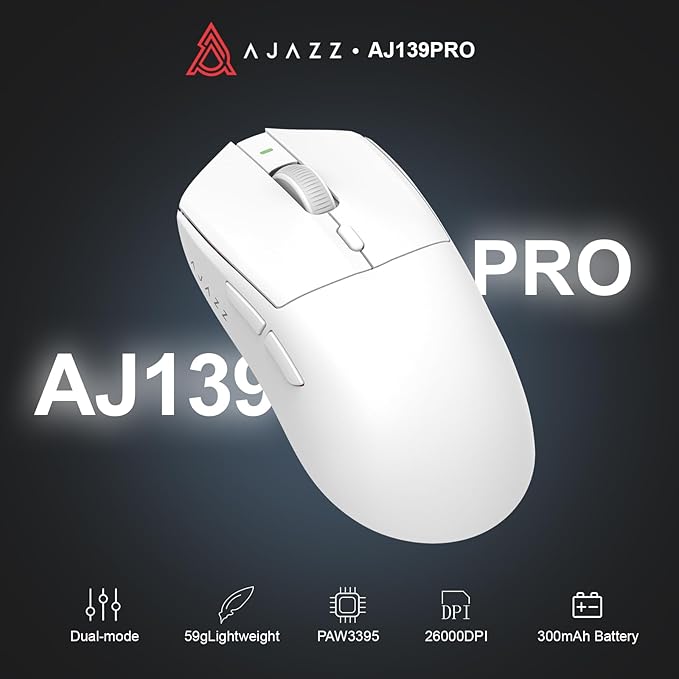 AJ139PRO Dual-Mode 2.4G/Wired Gaming Mouse, 59g Lightweight Design, PAW3395 Sensor, 26K DPI, 300mAh Battery with 40-Hour Battery Life for Windows, Mac Gamer.