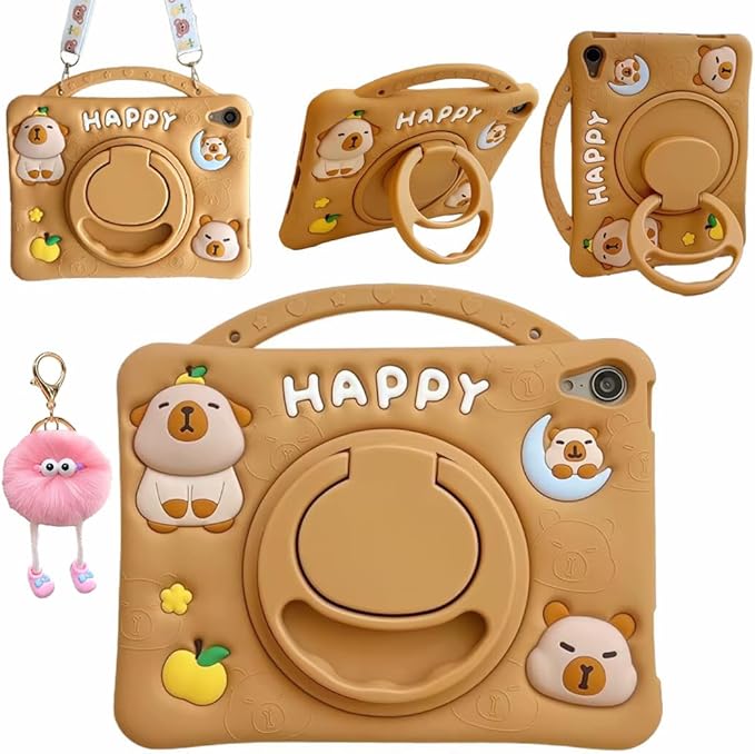 3D Cute Press Capybara Case for iPad 9th/8th/7th 10.2 inch/Air 3rd 2019 /Pro 2017 10.5 inch,Kawaii Cartoon Character Capybara Soft Silicone Rotating Stand Case with Lanyard for Kids Girls Women