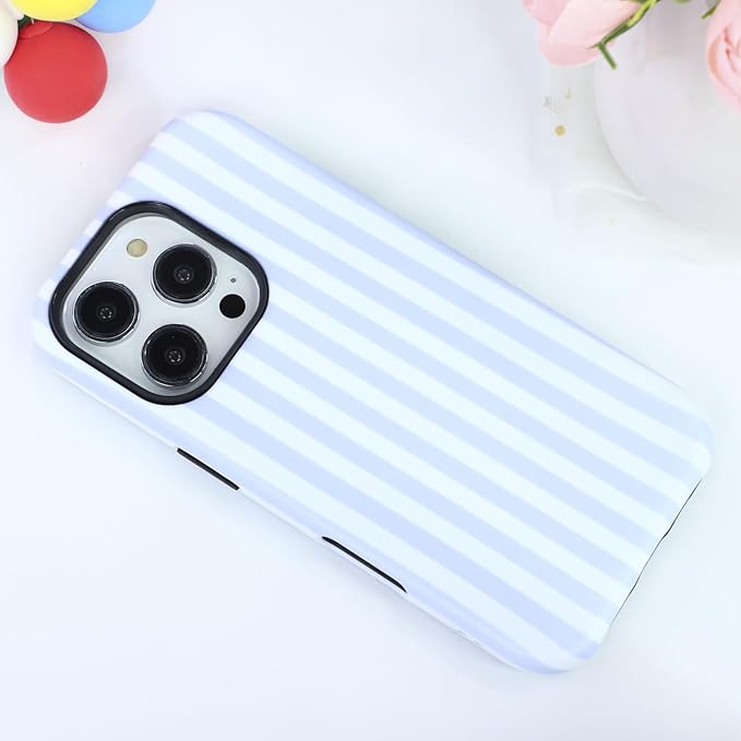 Magnetic for iPhone 15 Plus Case Cute Stripes Phone Case, Shockproof Slim TPU and Hard PC Protective Phone Cover Compatible with MagSafe Designed for Women Girls, Blue and White