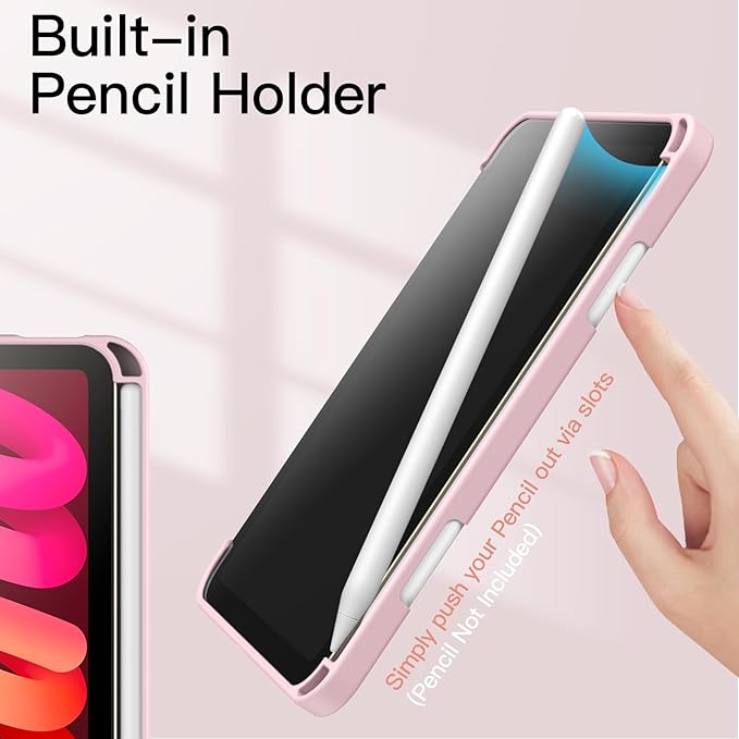 JETech Case for iPad mini (A17 Pro, 2024 Model, 7th Generation) / mini 6 (2021 Model, 6th Generation) with Pencil Holder, Clear Back Shell Stand Shockproof Tablet Cover, Auto Wake/Sleep (Pink)