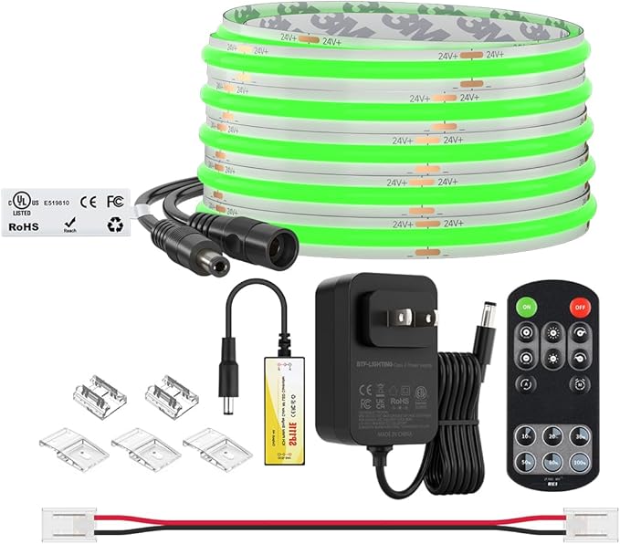 BTF-LIGHTING COB LED Strip Light 12V 16.4FT UL Listed, Green Color Dimmable High Density Flexible Tape Light with RF Remote & ETL Power Adapter, Ultra Bright for Bedroom Kitchen Home Indoor Lighting