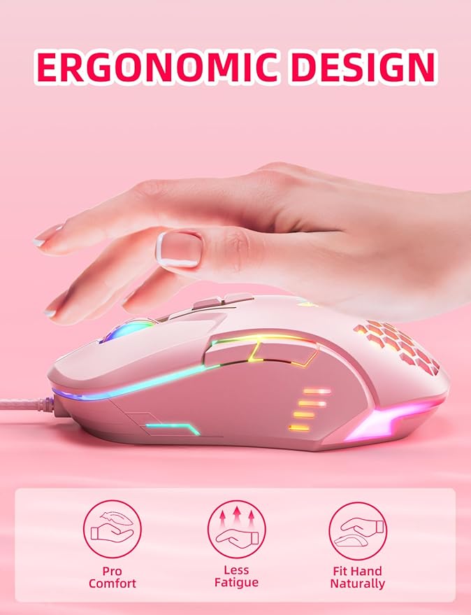 Wired PC Gaming Mouse: High Precision Sensor,RGB Backlit, Adjustable DPI, 7 Buttons Programmable,Ergonomic mice for Office & Gaming on Windows/Mac/Linux/Chrome- Pink