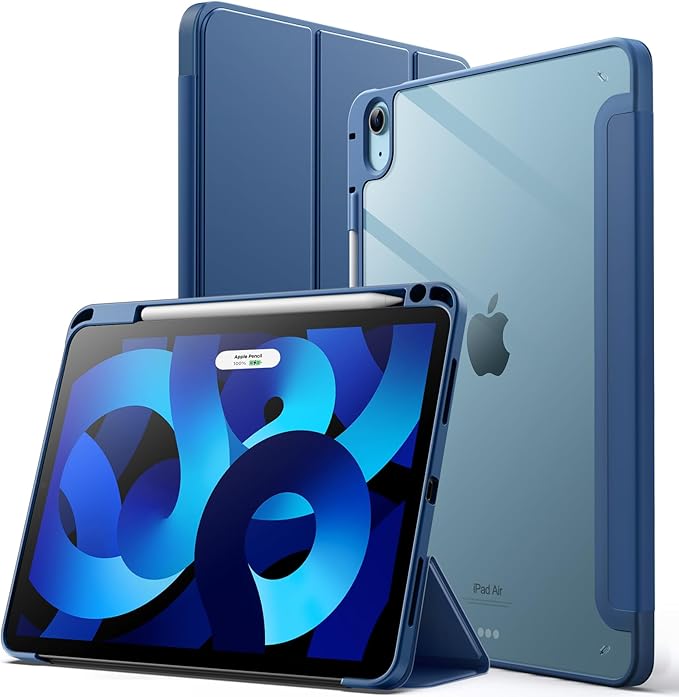 JETech Case ONLY for iPad Air 11-Inch M4/M3/M2 (2026/2025/2024), iPad Air 5/4 (2022/2020 5th/4th) with Pencil Holder, Clear Transparent Back Slim Stand Shockproof Tablet Cover (Navy)