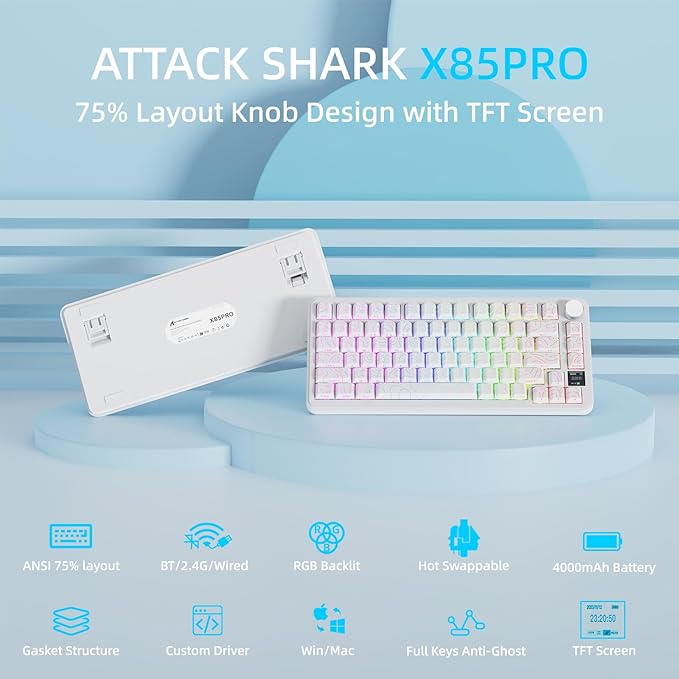 ATTACK SHARK X85PRO 75% Wireless Mechanical Keyboard,TFT Smart Display & Knob,BT/2.4GHz/Wired Gaming Keyboard,Contour Side Print Shine-through Keycaps,RGB,Hot-Swap,with Pro Cable, for PC/MAC (White)