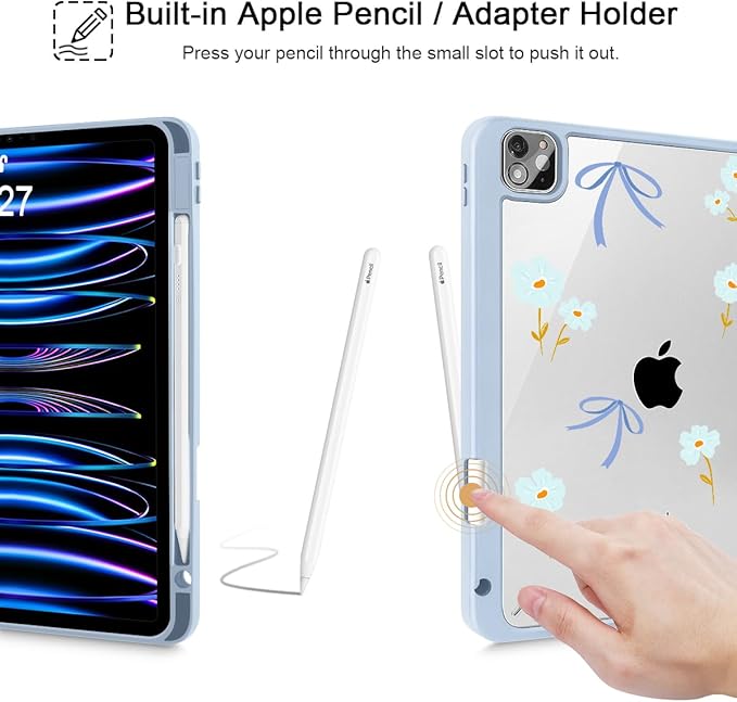 Mektron Case for iPad Pro 11 inch Case M2 2022 Generation 4th, Fit 2021 2020 2018 iPad Pro 11" (3rd, 2nd & 1st Gen) -Buit in Pencil Holder with Shockproof Cover Clear Shell, Blue Bows & Flowers