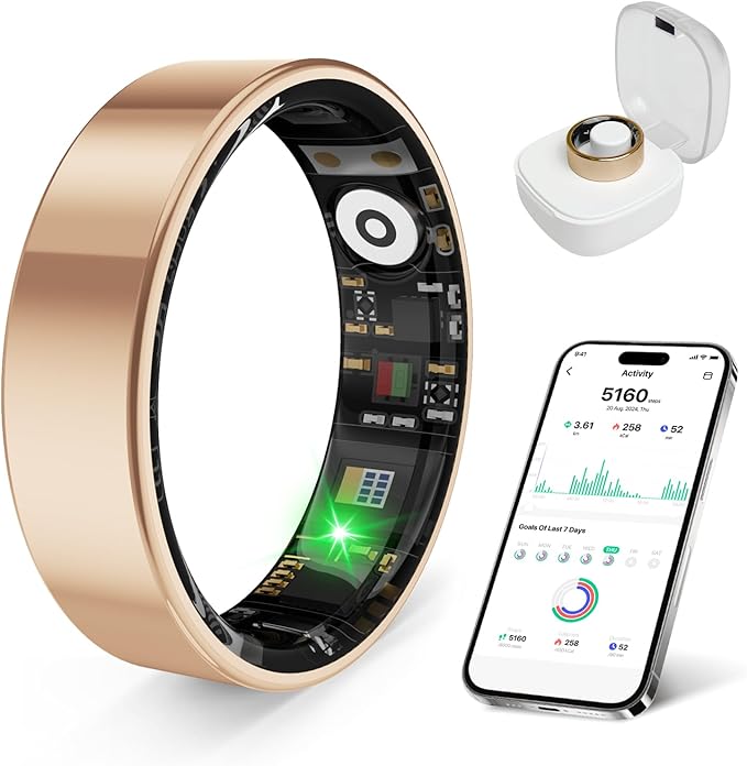 Smart Health Ring, Featuring Stress and Sleep Monitoring Functions, Compatible with iOS and Android,Waterproof Fitness Tracker for Women & Men, No Subscription Fee. (Rose Gold, 12)