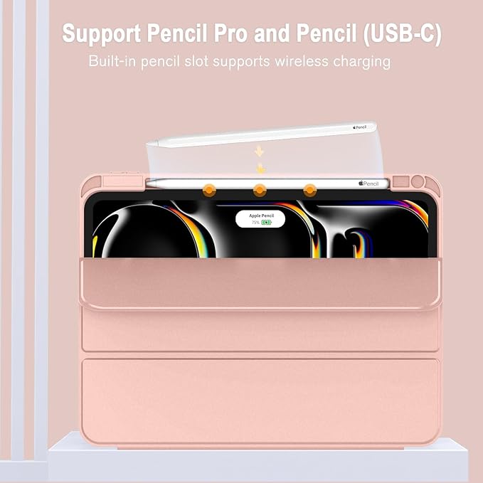 ZryXal iPad Pro 11 Inch Case (M5) 2025/ (M4) 2024 (Model: A2836/A2837/A3006), Trifold Stand Smart Cover with Pencil Holder and Soft TPU Back, Auto Wake/Sleep (Rose Gold)