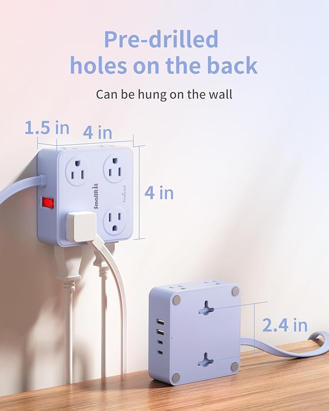 Extension Cord with Multiple Outlets, SMALLRT Surge Protector Outlet Extender, 6.5FT Flat Plug Power Strip with USB Ports, 8 Outlets, Power Strips with Surge Protection for Home Office Supplies, Blue