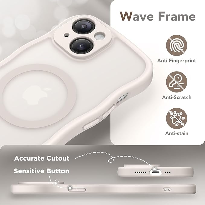 CAPRARO Cute for iPhone 15 Plus Case, Compatible with MagSafe, [Curly Wave Edge] [Full Camera Protection] [14 FT Drop Protection] Magnetic Phone Case for 15 Plus 6.7 Inch, Stone