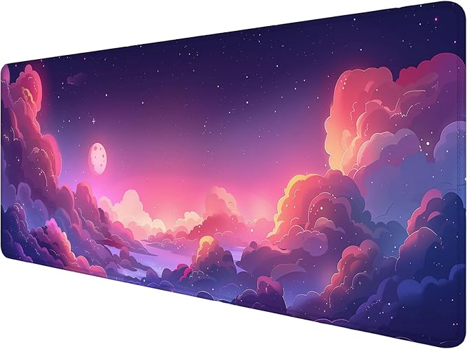 Kawaii Clouds Desk Pad Mouse Pad Anime Cute Pink Purple Large Gaming Mouse Mat with Stitched Edges,Non-Slip Waterproof Rubber Base Mous Mat 31.5"x11.8" Office Computer Keyboard Laptop Home
