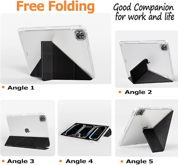 Case for iPad Pro 11 Inch 4th/3rd/2nd Generation (2022/2021/2020) with Pencil Holder, Multi-Angle Trifold Stand, Auto Wake-Sleep, Protective Clear Acrylic Backshell, Slim Smart Cute Cover (Black)