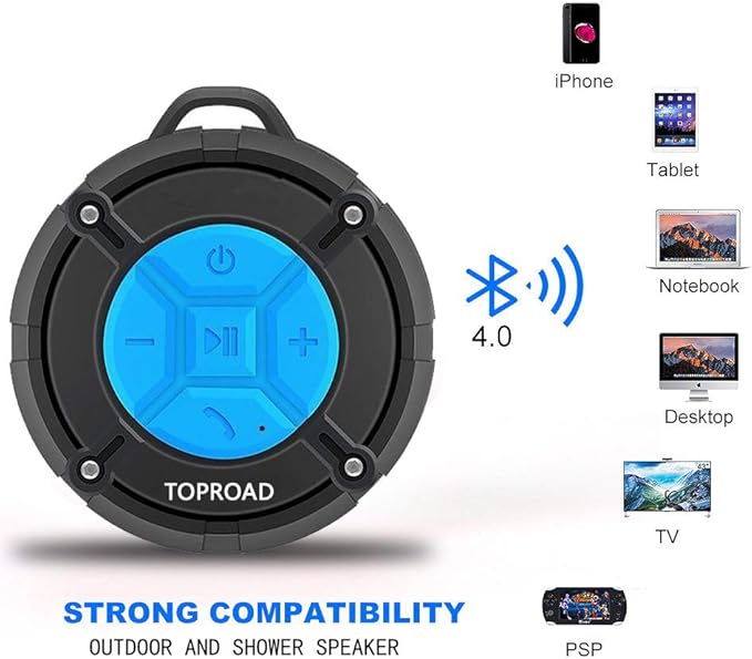 Portable Shower Speaker, IPX7 Waterproof Wireless Outdoor Speaker with HD Sound, 2 Suction Cups, Built-in Mic, Hands-Free Speakerphone for Bathroom, Pool, Beach, Hiking, Bicycle