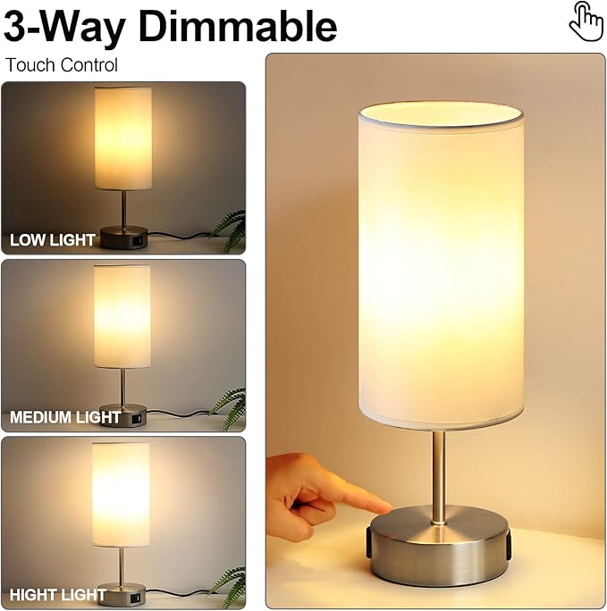 Yarra-Decor Bedside Lamp with USB A+C Charging Ports & AC Outlet Touch Control Table Lamp for Bedroom 3 Way Dimmable Nightstand Lamp with Round Shade for Home Office, Dorm(Bulb Included)