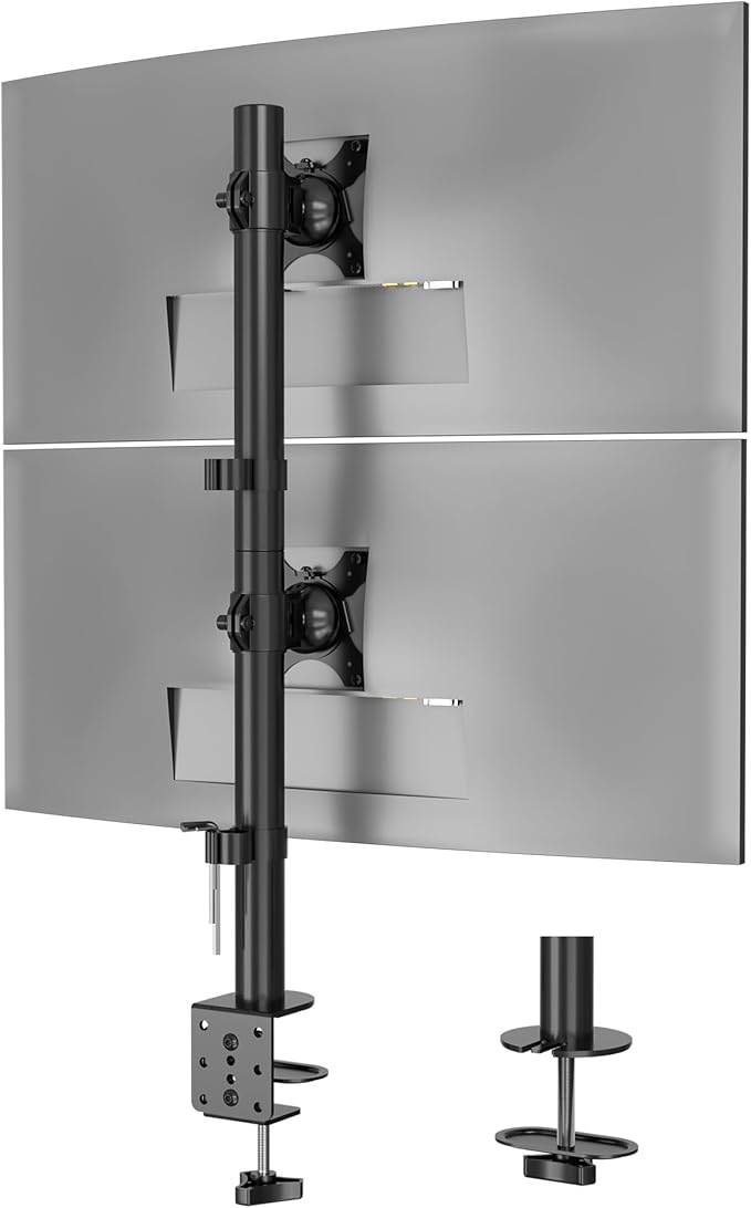 BONTEC Vertical Dual Monitor Desk Mount, Supports 13-34 Inch Screens, Full Motion Adjustability, VESA 75x75/100x100mm, Up to 22lbs per Arm, C Clamp and Grommet Mounting Options, Cable Management