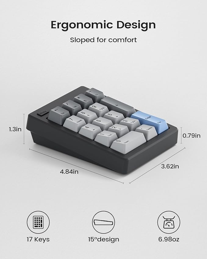 Kisnt FD17 Wireless Mechanical Number Pad, Bluetooth 5.0& 2.4G Dual Mode Numeric Keypad, 17 Keys Hot Swappable Numpad with PBT Keycaps for Laptop/PC/TKL Keyboards(Black, Linear Switch)