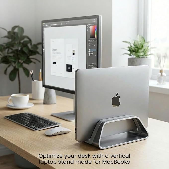 HumanCentric Vertical Laptop Stand Compatible with MacBook Pro and MacBook Air, Holder for Personal Computer Desk Stand, Aluminium, Exchangeable Inserts to Fit Different Device Models, Silver