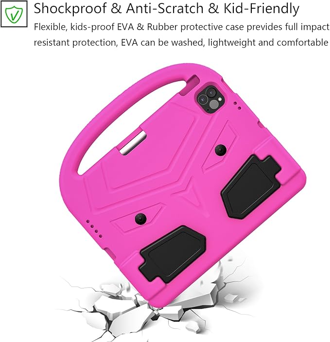 Kids Case for Apple iPad Pro 11 inch M5/M4 Tablet (2025/2024) with Pencil Holder/Handle/Kickstand Slim Lightweight Cute Soft EVA Foam Shockproof Stand Cover for Boys Girls Teens, Pink Bird
