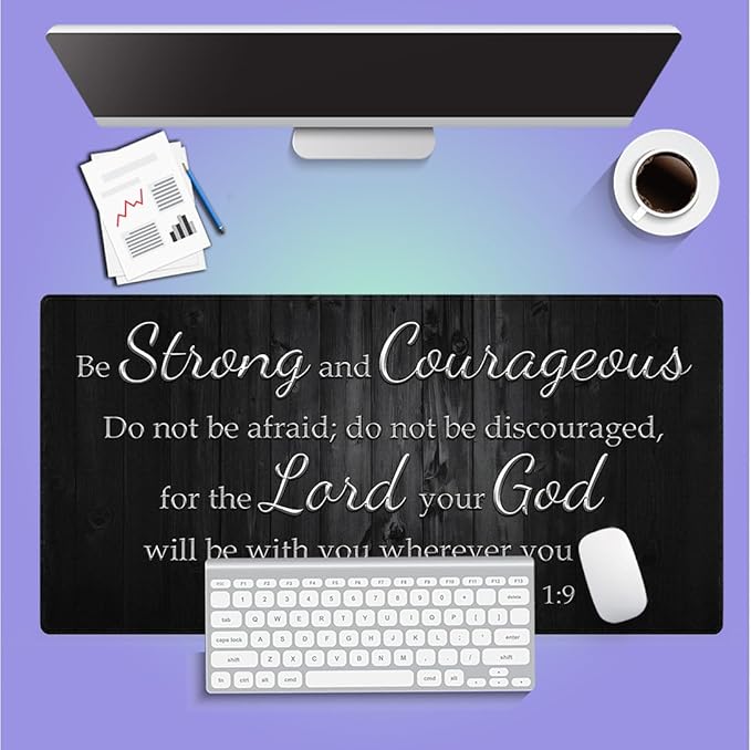 Motivational Large Gaming Mouse Pad (31.5" x 15.8")- Inspirational Bible Verse Scripture Quote Joshua 1:9 Be Strong and Courageous Rustic Black Wood, Stitched Anti-Slip Desk Mat