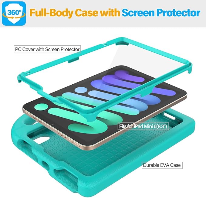SUPLIK Kids Case for iPad mini 7 (A17 Pro) 2024 & iPad mini 6 (A15) 2021, 8.3-inch iPad mini 6th/7th Generation Case with Screen Protector, Durable Shockproof Kids Cover with Handle Stand, Cyan