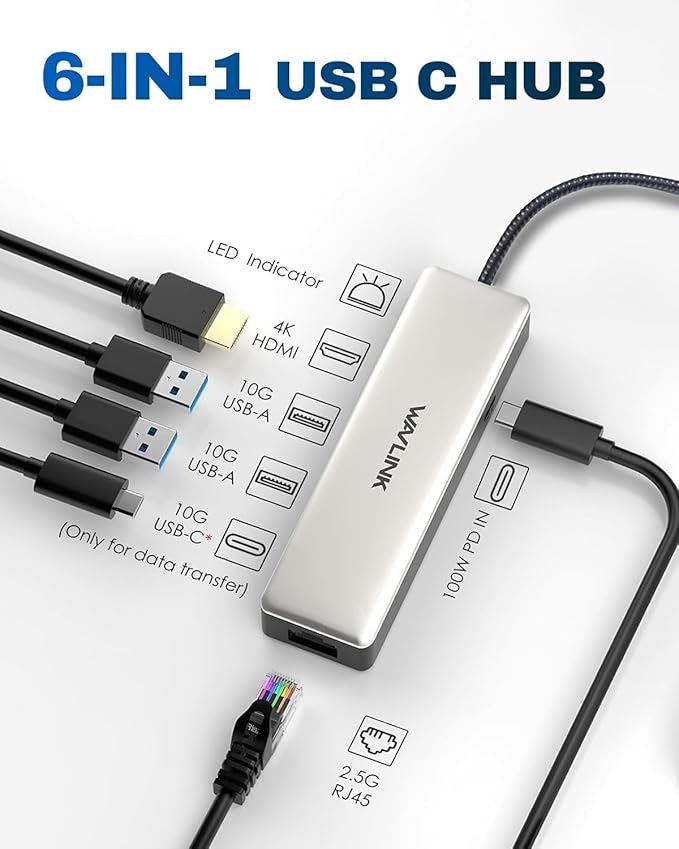 USB C Hub 2.5G Ethernet, WAVLINK 10Gbps USB C Hub Multiport Adapter with 2.5Gb RJ45 Ports, 4K@120Hz HDMI, 3 * 10Gbps USB-A/C, PD 85W, for MacBook Neo/Pro/Air, iPad, Acer, Dell, HP, Lenovo, Asus