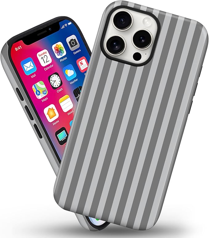 Magnetic for iPhone 15 Pro Case Cute Stripes Phone Case, Shockproof Slim TPU and Hard PC Protective Phone Cover Compatible with MagSafe Designed for Women Girls, Gray