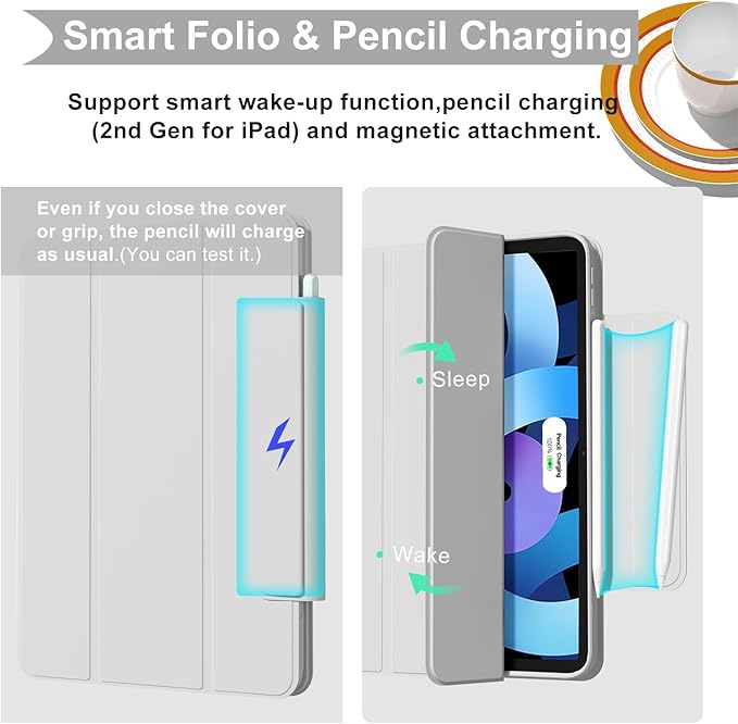 ZENLU iPad Air 10.9/11 inch Case with Removable Magnetic Folio Cover, Premium PU Leather, Multiple Angles Stand, Pencil Slot Charging Support, Full Protective Case for iPad Air 7 6 5 4 Gen (Grey)