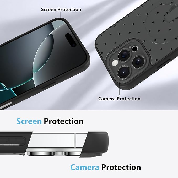KANGHAR Compatible with iPhone 16 Pro Max Case, Support for MagSafe, Silicone Spot Cute Pattern, Wristband Kickstand Camera Protection Shockproof Soft Slim Cover for Girls Women, Black