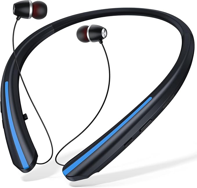 Neckband Bluetooth Headphones, 24H Battery with Auto-Retractable in-Ear Earbuds, HiFi Stereo Sound & Hybrid Active Noise Cancelling for Sports, Gym, Running, Workout, Hands-Free Calling（Blue）