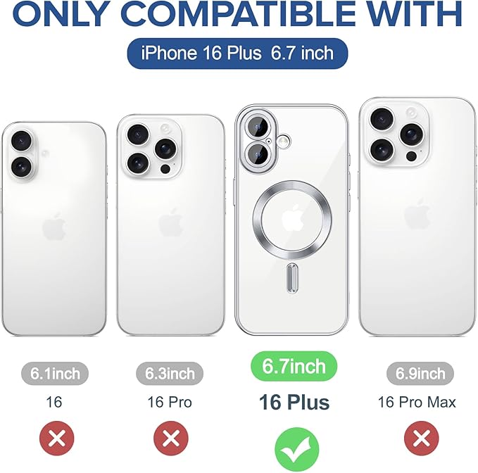 Hython Magnetic Clear for iPhone 16 Plus Case with Camera Lens Protector [Compatible with MagSafe] Luxury Plating Edge Slim Soft TPU Cover Protective Phone Case for iPhone 16 Plus 6.7", Silver