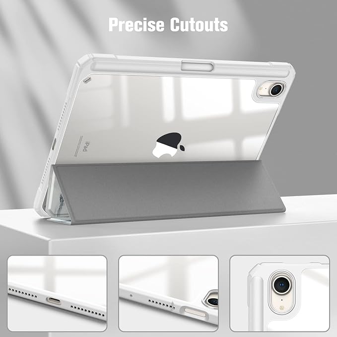Fintie Hybrid Slim Case for iPad Mini 7 (A17 Pro, 7th Generation) 2024 / iPad Mini 6 (6th Gen) 8.3 Inch, [Built-in Pencil Holder] Shockproof Cover Clear Transparent Back Shell, Cloudy Marble