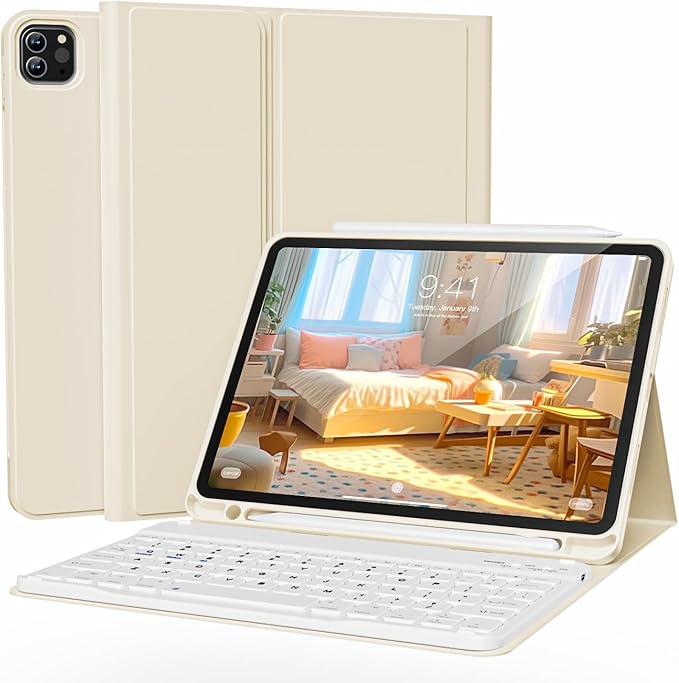 Keyboard Case for iPad Pro 11 Inch 4th Generation/Pro 3rd Gen/Pro 2nd Gen with Pencil Holder, Folio Detachable Wireless Bluetooth Keyboard & Flip Stand Case for iPad Pro 11 Inch, Cream White