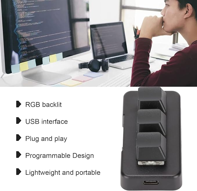 GOWENIC Mini Programmable Keypad, 3 Keys Macro Mechanical Keyboard USB RGB Backlit Gaming Keypad Plug and Play DIY Keypad with USB Data Cable for Universal Computer(Black)