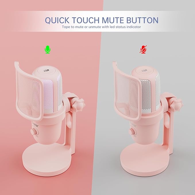 USB Microphone, Gaming Mic with 2 Pickup Patterns (Cardioid/Omnidirectional), RGB Lighting & Tap-to-Mute Sensor, 96KHz/24Bit Condenser Mic for Streaming, Podcast, Recording, Type-C Plug & Play (Pink)