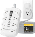 10Ft Extension Cord with Multiple Outlets, Flat Plug Surge Protector Power Strip 10 Ft Long Cord, 8 Outlets & 6 USB (3 USB C), Desk Charging Station for Home Office, College Dorm Room Essentials