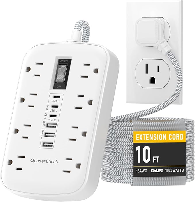 10Ft Extension Cord with Multiple Outlets, Flat Plug Surge Protector Power Strip 10 Ft Long Cord, 8 Outlets & 6 USB (3 USB C), Desk Charging Station for Home Office, College Dorm Room Essentials