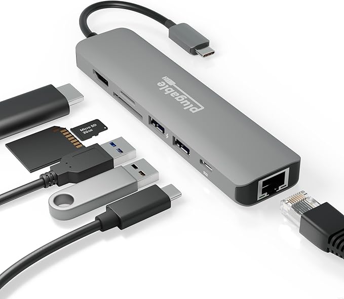 Plugable 7-in-1 USB C Hub Multiport Adapter with Ethernet Driverless Compatibility with Mac, Windows, iPhone 15, Chromebook, USB4, Thunderbolt, 100W Charging, Ethernet, 4K60Hz HDMI, 2X USB, SD/microSD