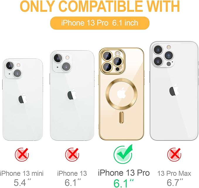 Hython Magnetic Clear for iPhone 13 Pro Case with Camera Lens Protector [Compatible with MagSafe] Luxury Plating Edge Slim Soft TPU Cover Protective Phone Case for iPhone 13 Pro 6.1", Gold