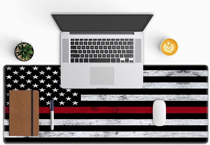Thin Red Line with USA Flag Large Gaming Mouse Pad for Desk, Desk Mat with Seamed Edges, Waterproof Desk Pad, Non-Slip Rubber Base, 31.5x11.8 Inch Keyboard Pad Computer Mat, Big XL Mousepad