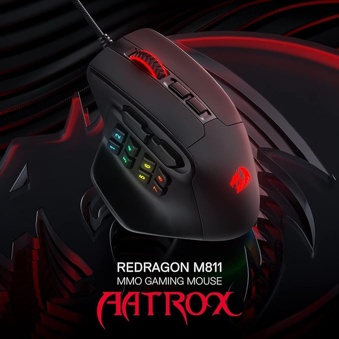 Redragon M811 Aatrox MMO Gaming Mouse, 15 Programmable Buttons Wired RGB Mouse w/Ergonomic Natural Grip Build, 10 Side Macro Keys, Software Supports DIY Keybinds & Backlit